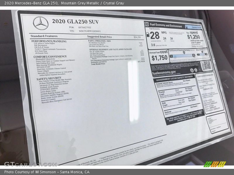  2020 GLA 250 Window Sticker