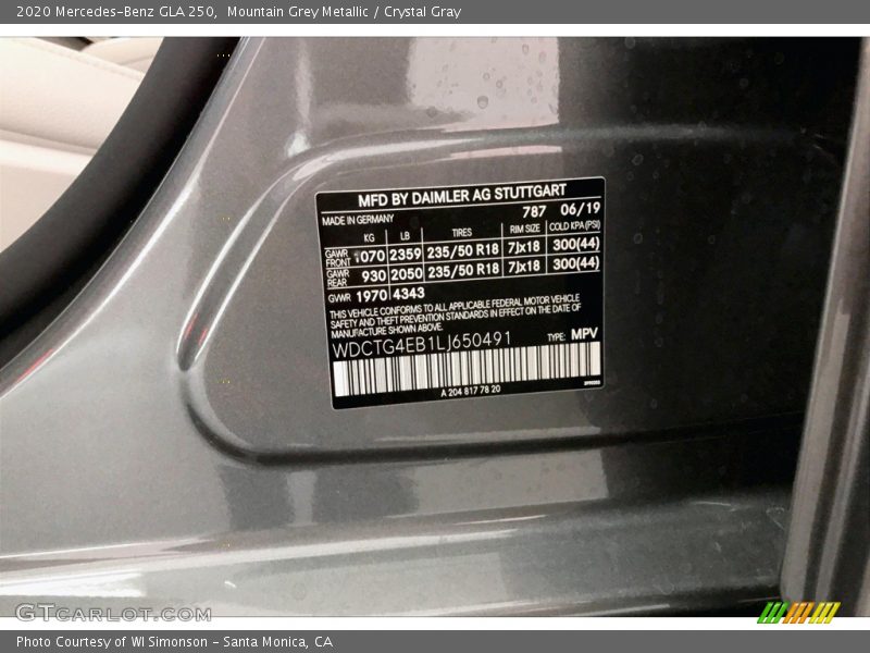 2020 GLA 250 Mountain Grey Metallic Color Code 787