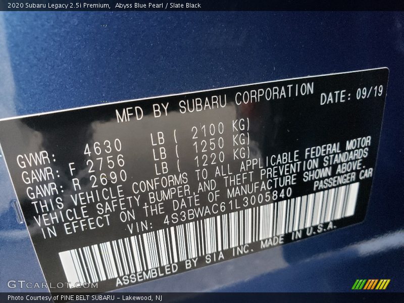 Abyss Blue Pearl / Slate Black 2020 Subaru Legacy 2.5i Premium