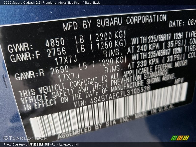 Abyss Blue Pearl / Slate Black 2020 Subaru Outback 2.5i Premium