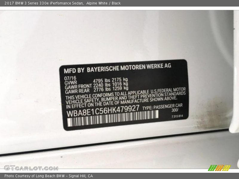 Alpine White / Black 2017 BMW 3 Series 330e iPerfomance Sedan