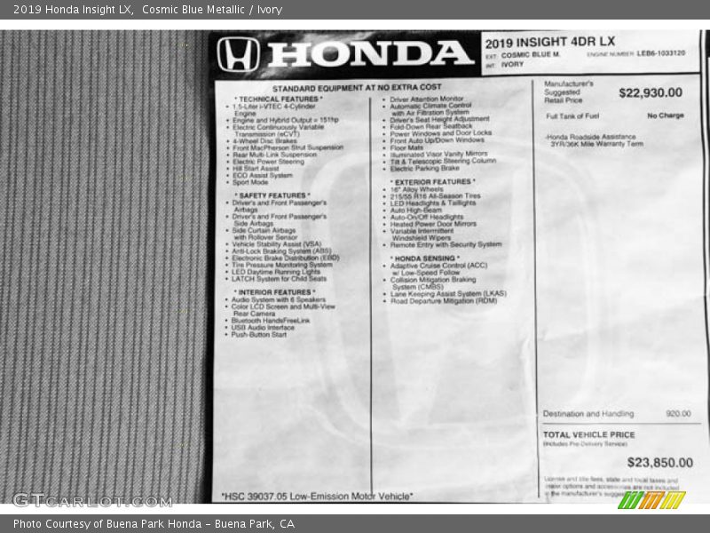 Cosmic Blue Metallic / Ivory 2019 Honda Insight LX