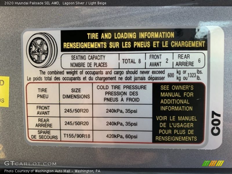 Info Tag of 2020 Palisade SEL AWD