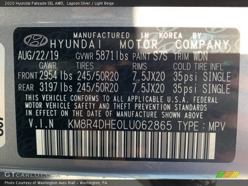 2020 Palisade SEL AWD Lagoon Silver Color Code S7S
