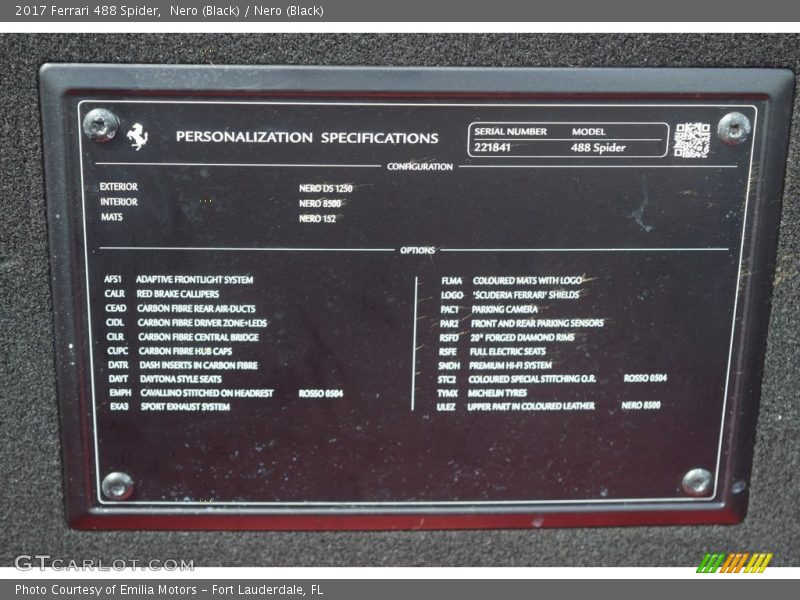 Personalization Specifications - 2017 Ferrari 488 Spider 