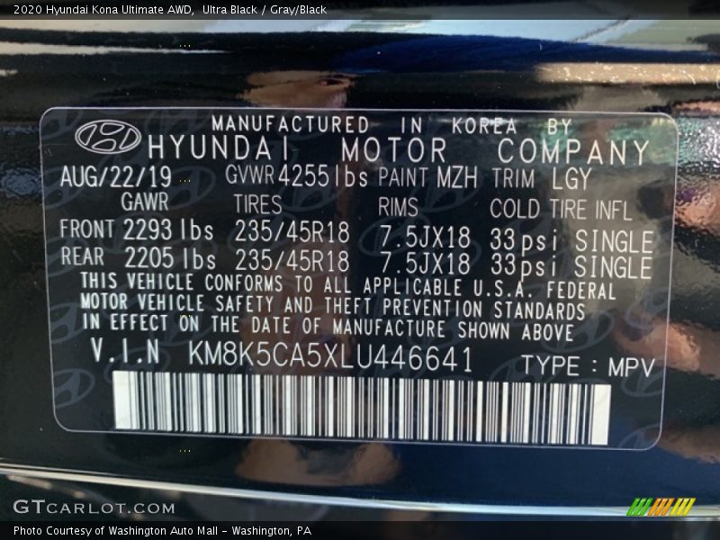 Ultra Black / Gray/Black 2020 Hyundai Kona Ultimate AWD