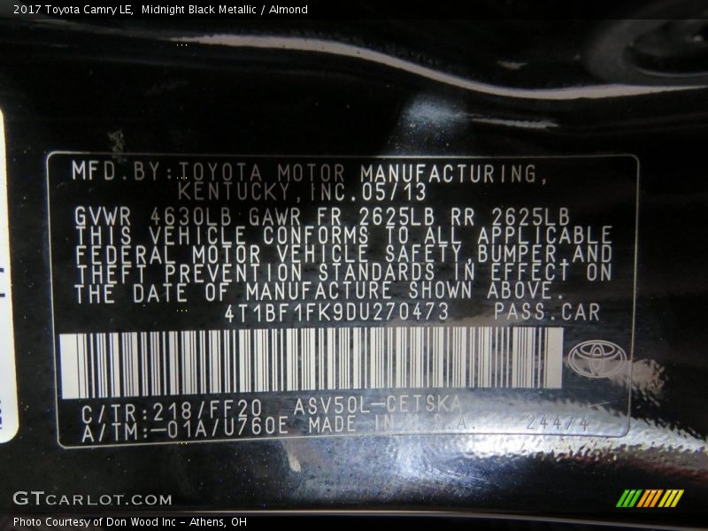 Midnight Black Metallic / Almond 2017 Toyota Camry LE