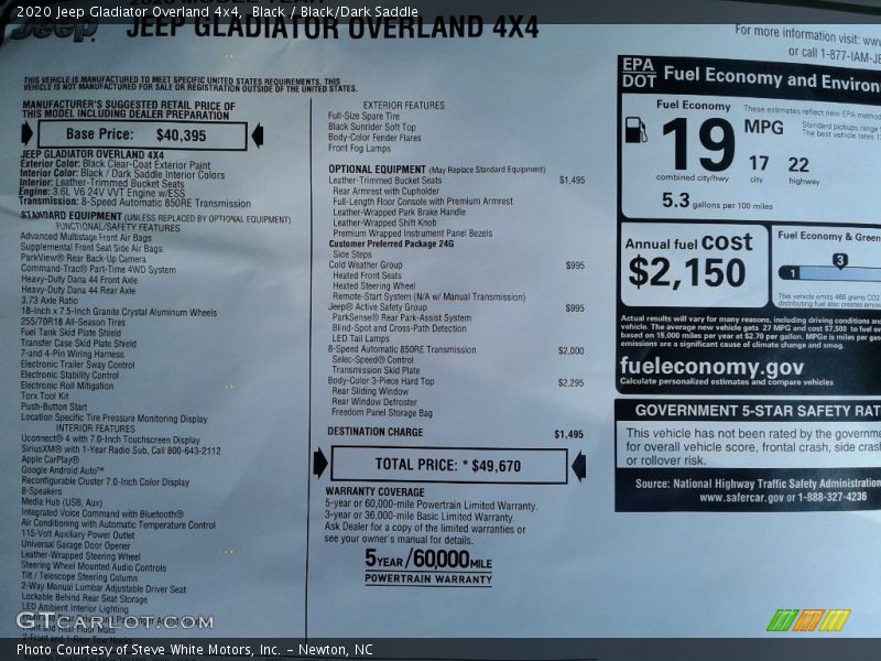 Black / Black/Dark Saddle 2020 Jeep Gladiator Overland 4x4