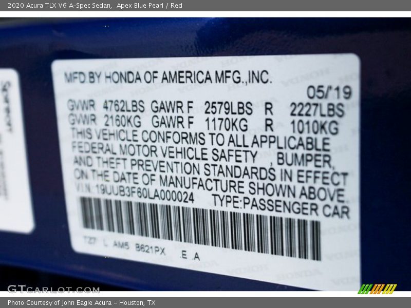 2020 TLX V6 A-Spec Sedan Apex Blue Pearl Color Code B621PX