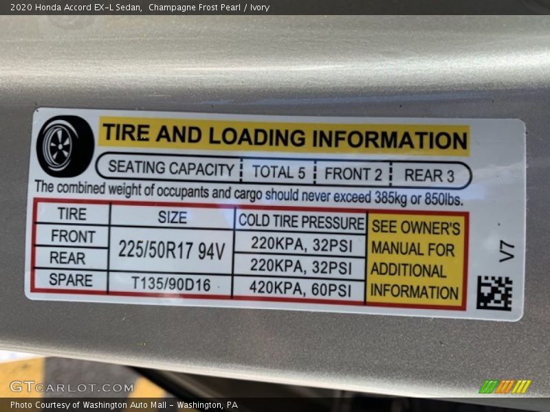 Info Tag of 2020 Accord EX-L Sedan
