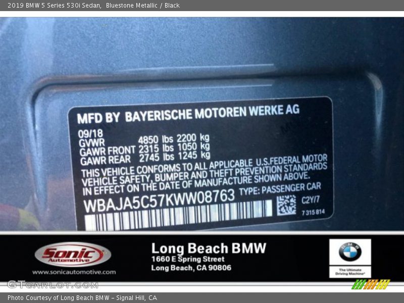 Bluestone Metallic / Black 2019 BMW 5 Series 530i Sedan