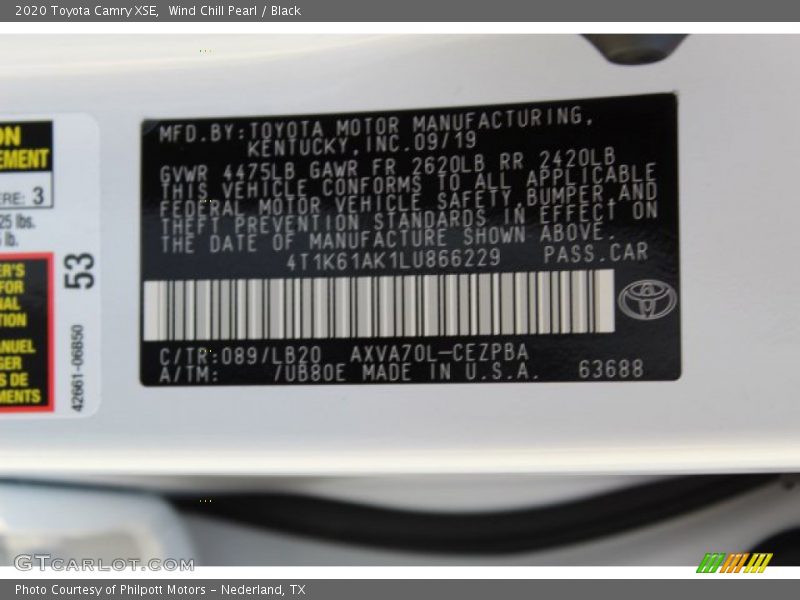 2020 Camry XSE Wind Chill Pearl Color Code 089
