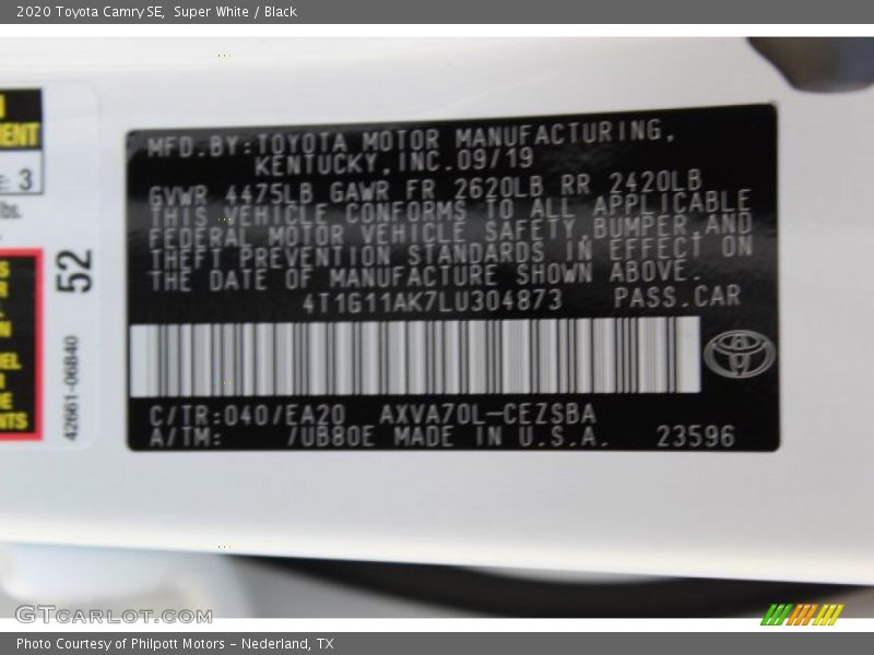 2020 Camry SE Super White Color Code 040