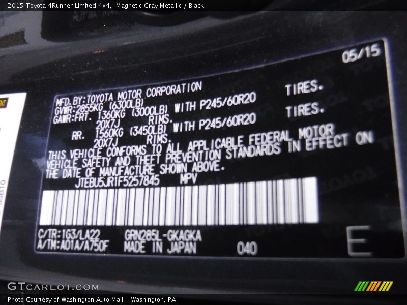 Magnetic Gray Metallic / Black 2015 Toyota 4Runner Limited 4x4