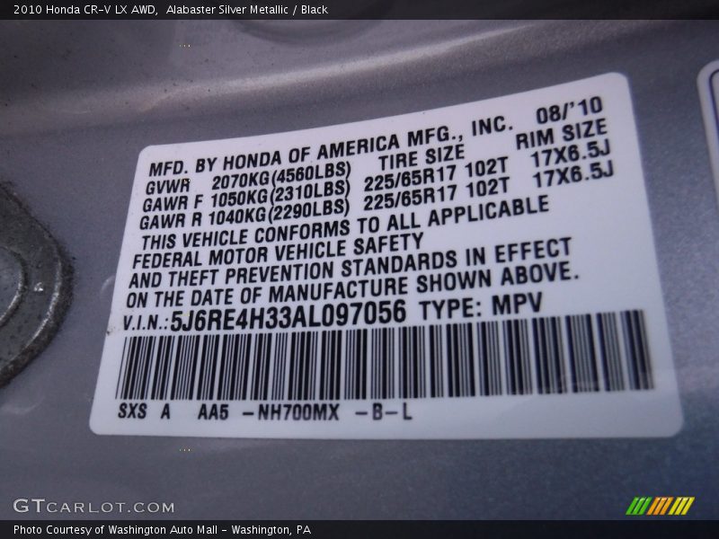 Alabaster Silver Metallic / Black 2010 Honda CR-V LX AWD