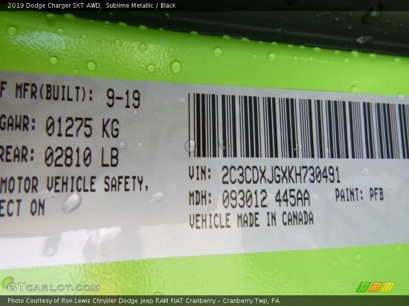 Sublime Metallic / Black 2019 Dodge Charger SXT AWD