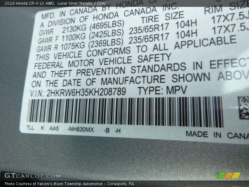 Lunar Silver Metallic / Gray 2019 Honda CR-V LX AWD
