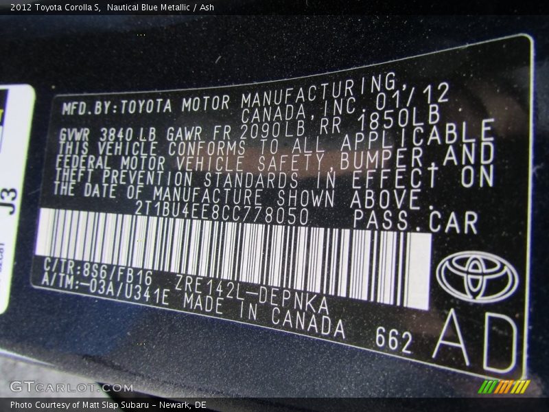 Nautical Blue Metallic / Ash 2012 Toyota Corolla S