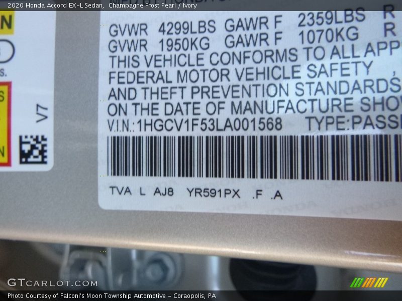 2020 Accord EX-L Sedan Champagne Frost Pearl Color Code YR591PX