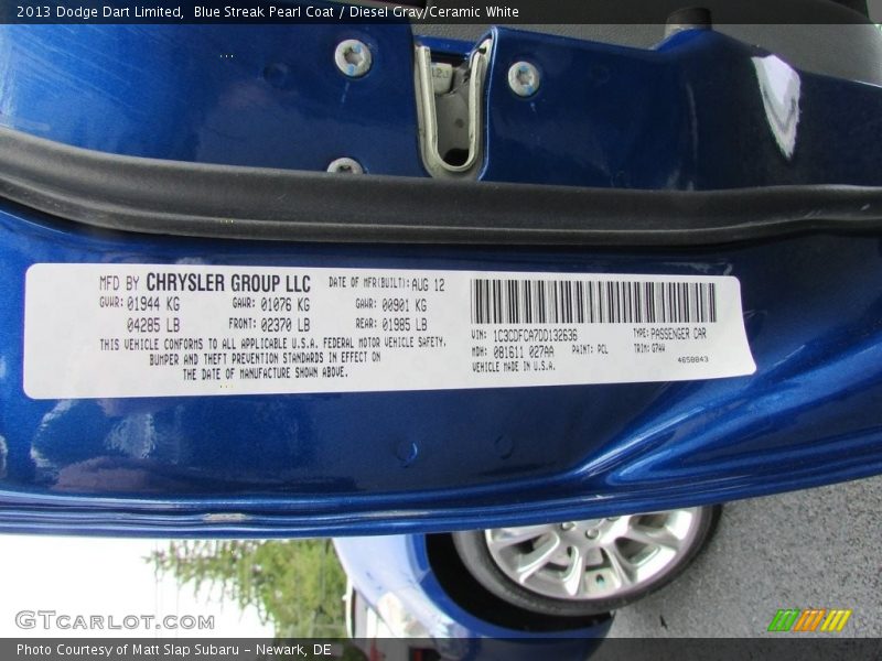Blue Streak Pearl Coat / Diesel Gray/Ceramic White 2013 Dodge Dart Limited