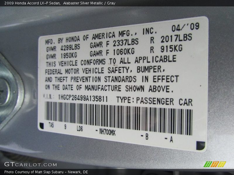 Alabaster Silver Metallic / Gray 2009 Honda Accord LX-P Sedan