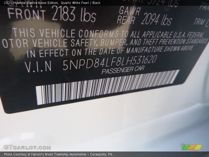 Quartz White Pearl / Black 2020 Hyundai Elantra Value Edition