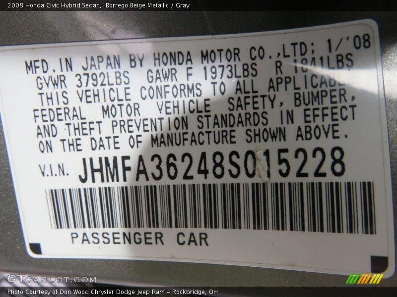 Borrego Beige Metallic / Gray 2008 Honda Civic Hybrid Sedan