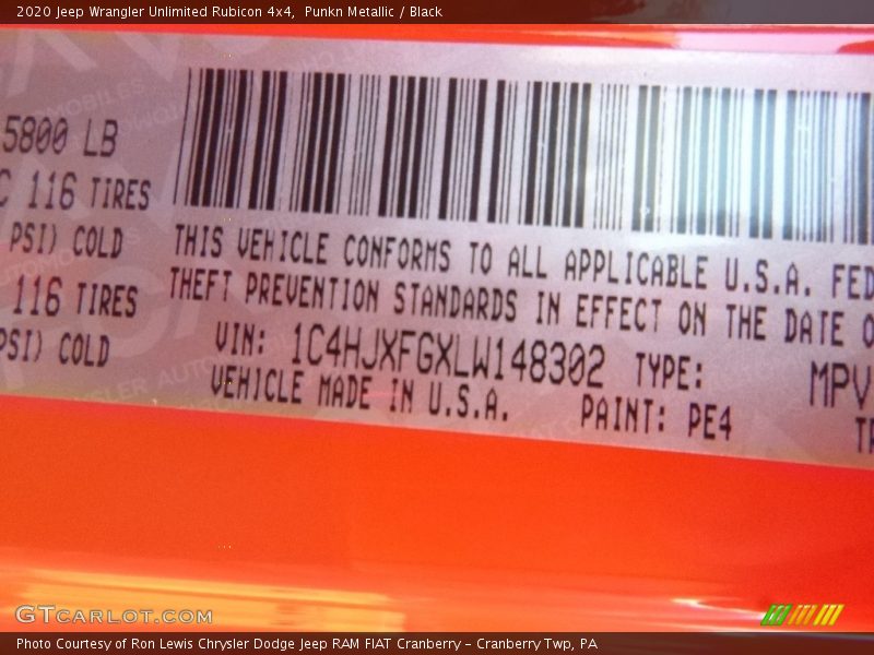 2020 Wrangler Unlimited Rubicon 4x4 Punkn Metallic Color Code PE4
