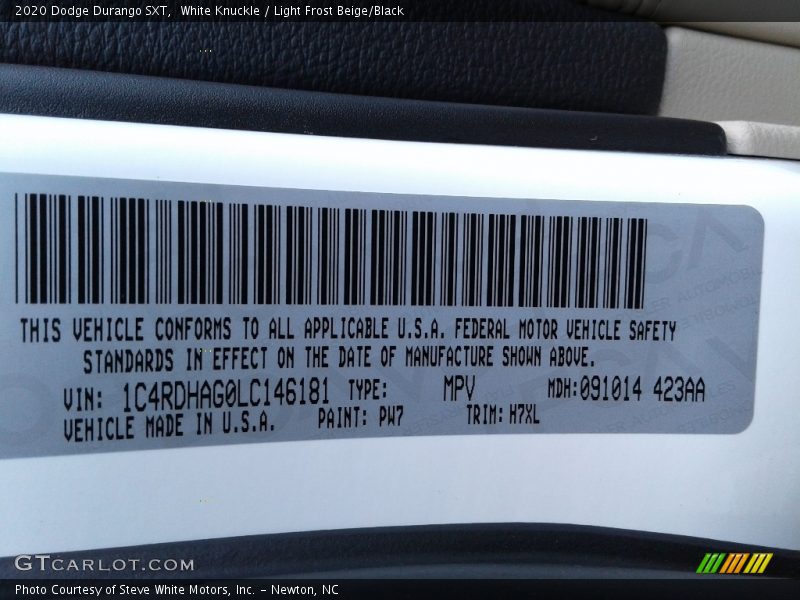 2020 Durango SXT White Knuckle Color Code PW7