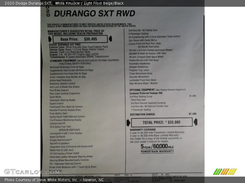  2020 Durango SXT Window Sticker
