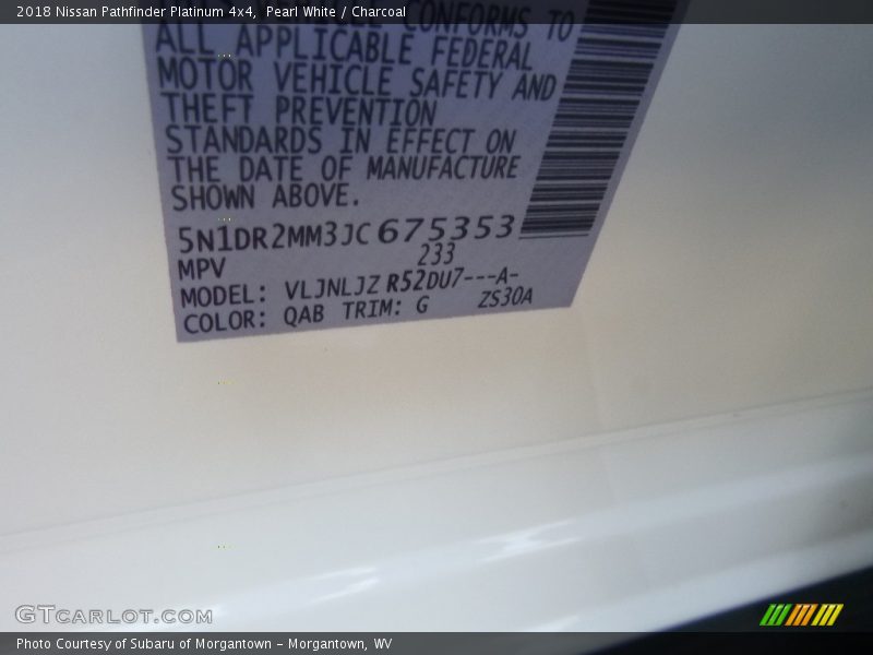Pearl White / Charcoal 2018 Nissan Pathfinder Platinum 4x4
