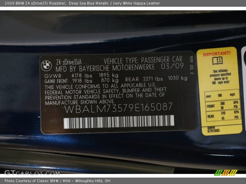 Deep Sea Blue Metallic / Ivory White Nappa Leather 2009 BMW Z4 sDrive35i Roadster