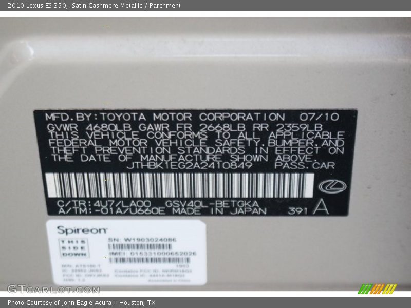 Satin Cashmere Metallic / Parchment 2010 Lexus ES 350