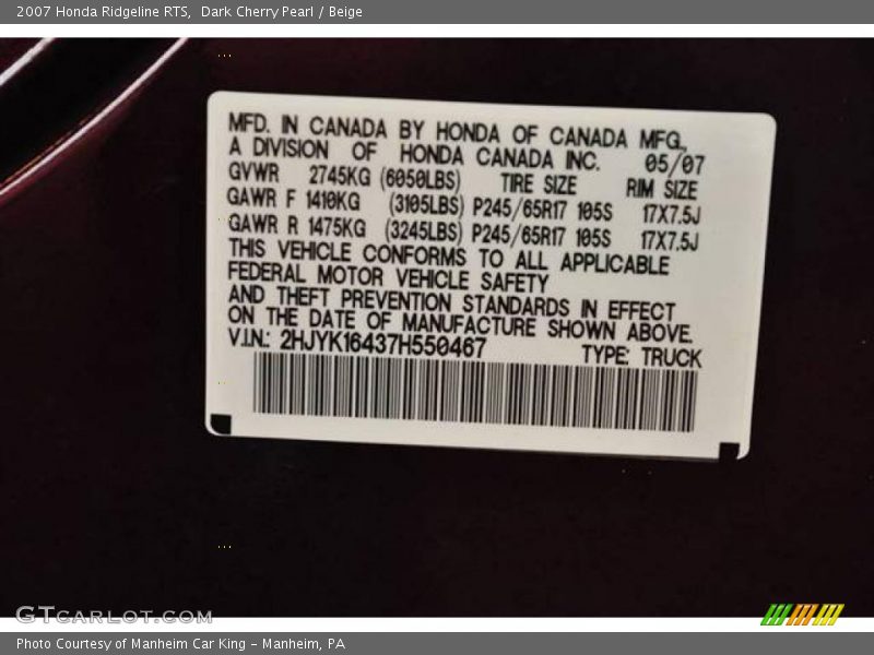 Dark Cherry Pearl / Beige 2007 Honda Ridgeline RTS