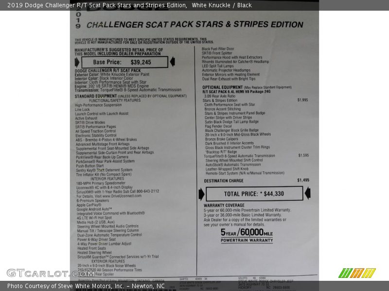 White Knuckle / Black 2019 Dodge Challenger R/T Scat Pack Stars and Stripes Edition
