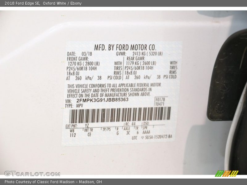 Oxford White / Ebony 2018 Ford Edge SE