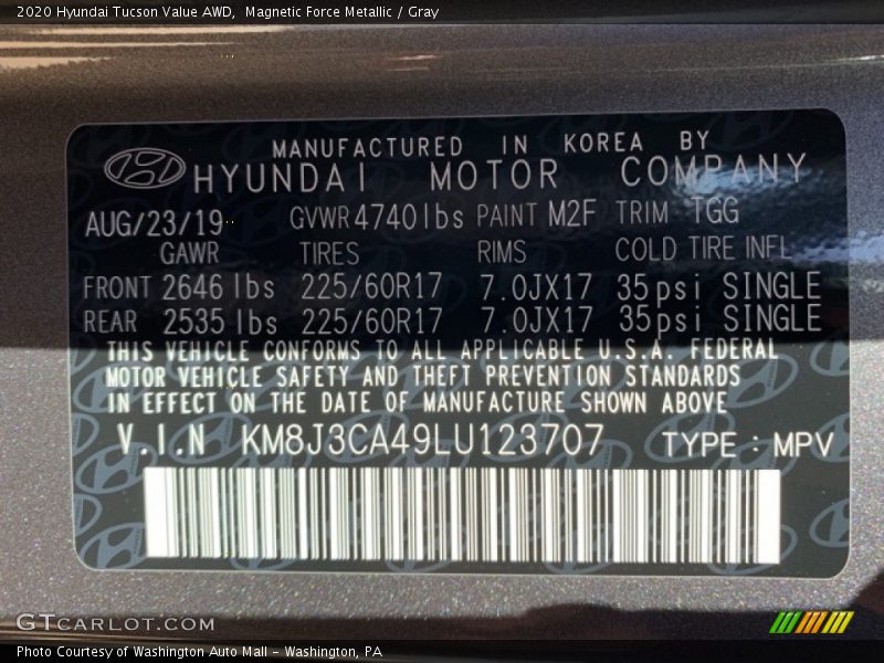 Magnetic Force Metallic / Gray 2020 Hyundai Tucson Value AWD