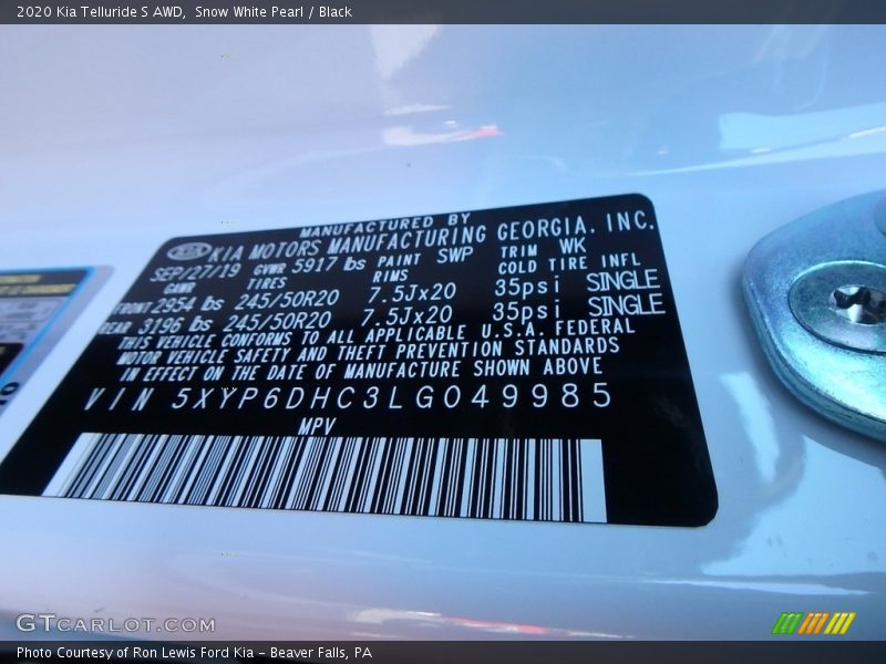 Snow White Pearl / Black 2020 Kia Telluride S AWD