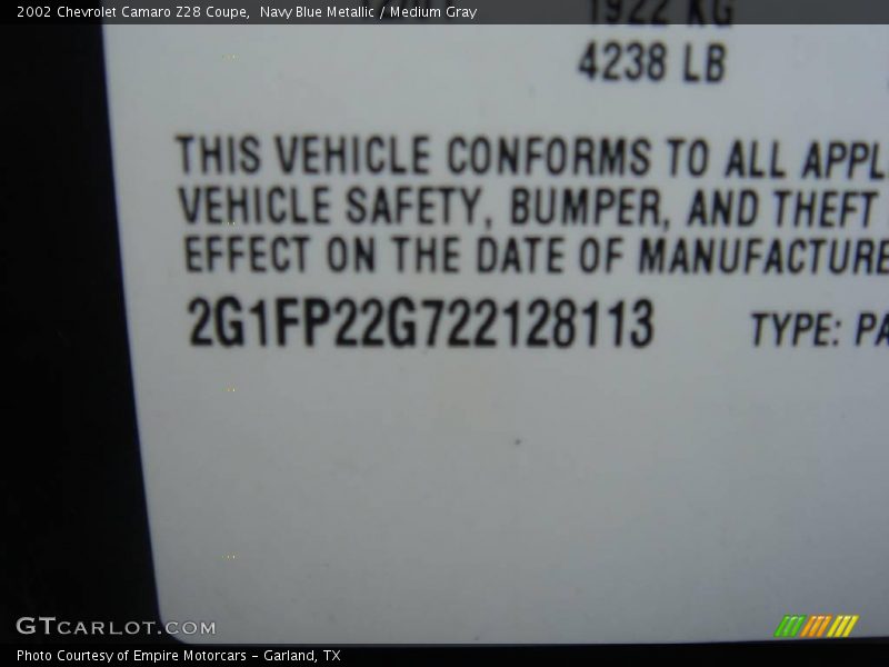 Navy Blue Metallic / Medium Gray 2002 Chevrolet Camaro Z28 Coupe
