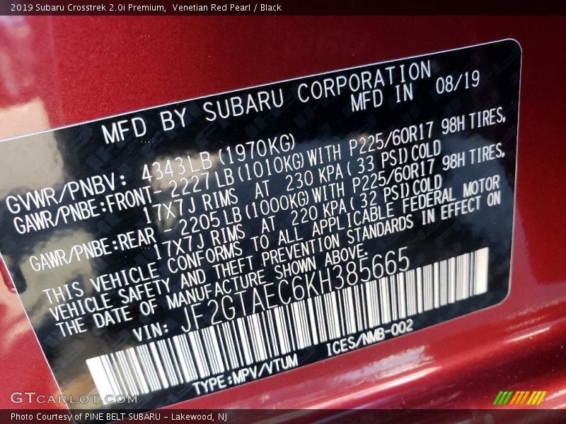 Venetian Red Pearl / Black 2019 Subaru Crosstrek 2.0i Premium