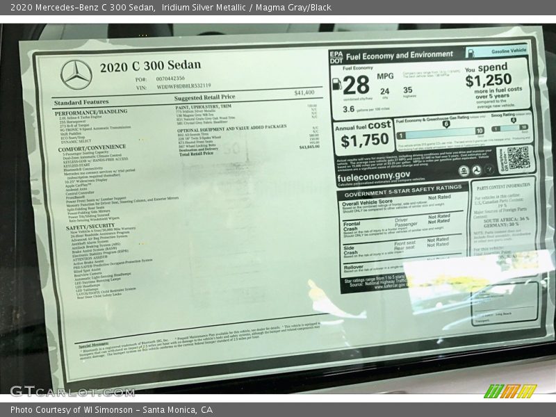  2020 C 300 Sedan Window Sticker
