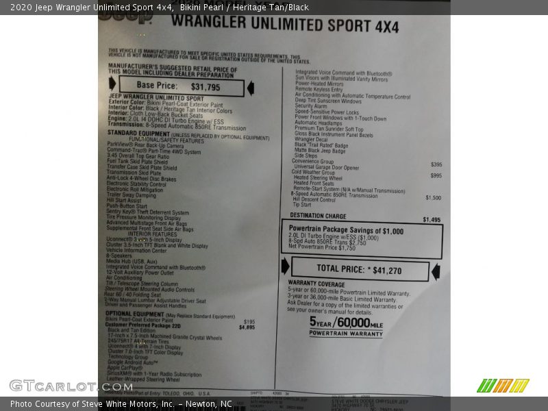 Bikini Pearl / Heritage Tan/Black 2020 Jeep Wrangler Unlimited Sport 4x4