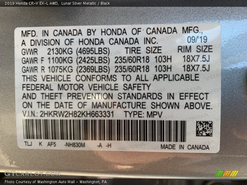 Lunar Silver Metallic / Black 2019 Honda CR-V EX-L AWD