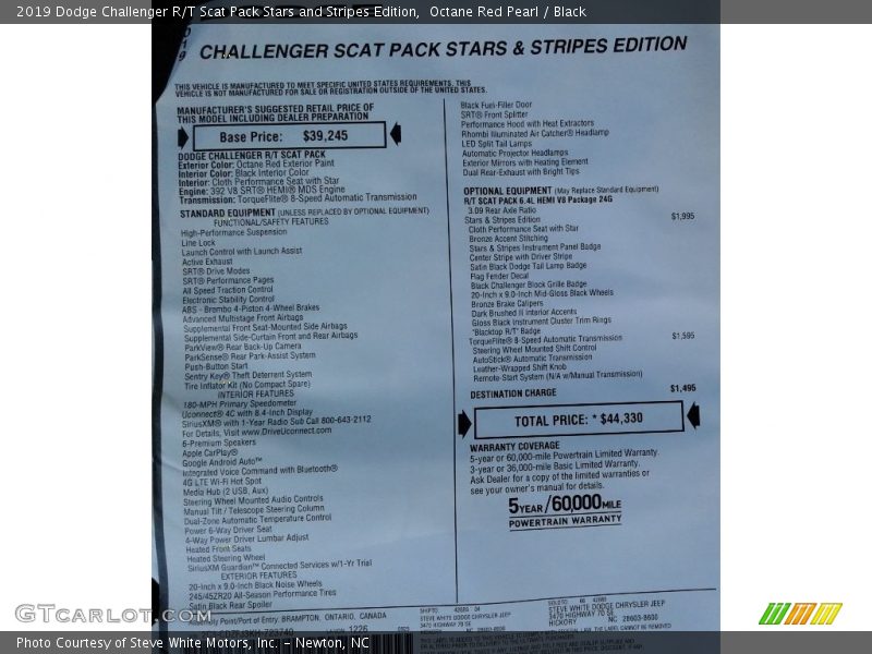  2019 Challenger R/T Scat Pack Stars and Stripes Edition Window Sticker