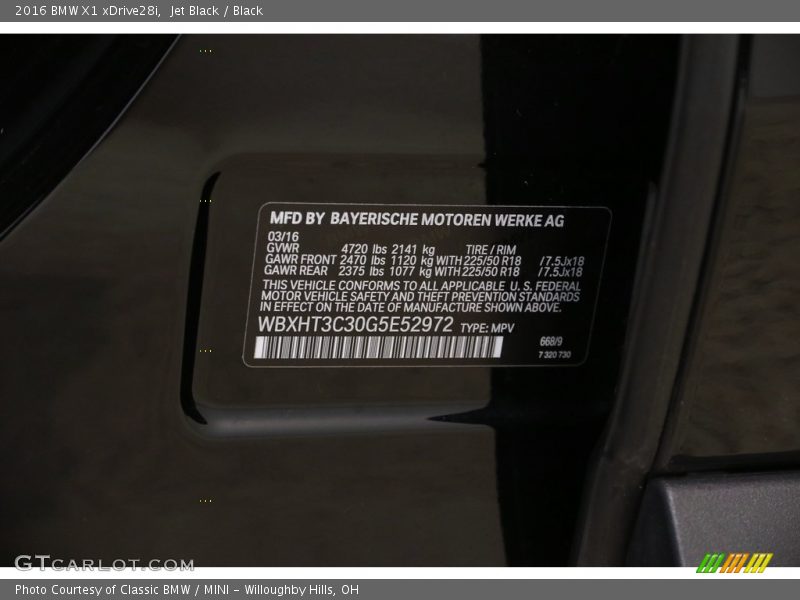 Jet Black / Black 2016 BMW X1 xDrive28i