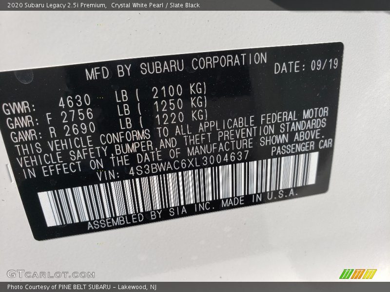 Crystal White Pearl / Slate Black 2020 Subaru Legacy 2.5i Premium