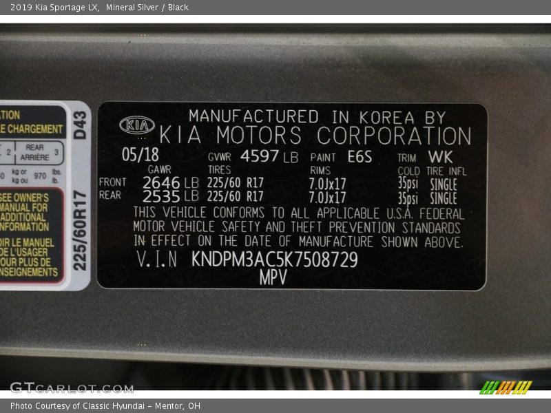 2019 Sportage LX Mineral Silver Color Code E6S