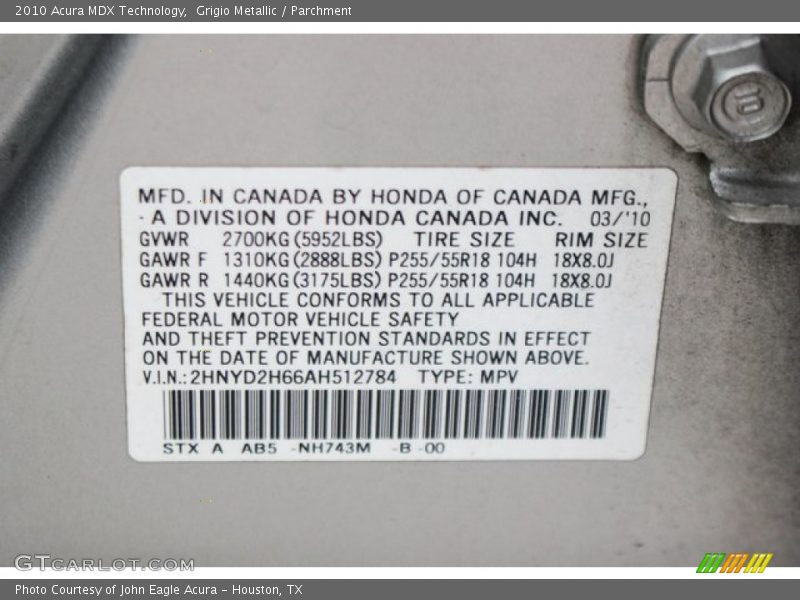 Grigio Metallic / Parchment 2010 Acura MDX Technology