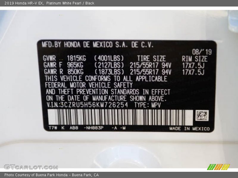 Platinum White Pearl / Black 2019 Honda HR-V EX