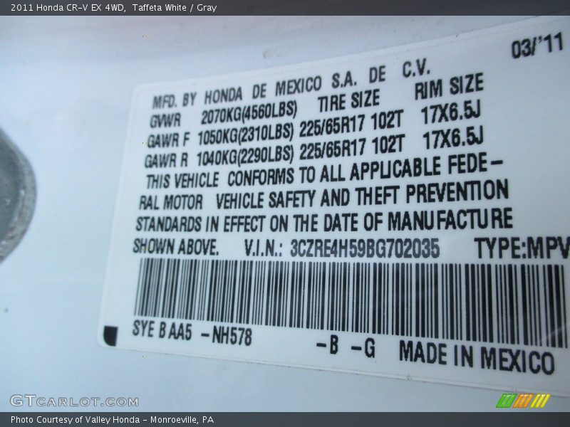 Taffeta White / Gray 2011 Honda CR-V EX 4WD